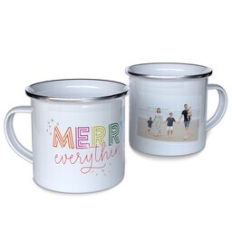 Personalized Enamel Campfire Mugs with Colorful Holiday design