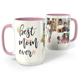 Pink Photo Mug, 15oz with Floral Mom Script design