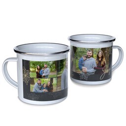 Personalized Enamel Campfire Mugs with Snowflake Corners design