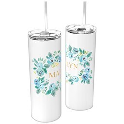 Personalized Tumbler with Straw with Blue Floral design