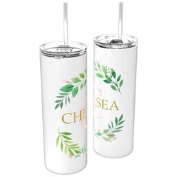 Personalized Tumbler with Straw with Botanical Wreath design