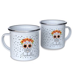Personalized Enamel Campfire Mugs with Cream and Sugar Skulls design