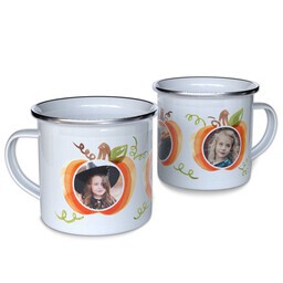 Personalized Enamel Campfire Mugs with Family Pumpkin Patch design