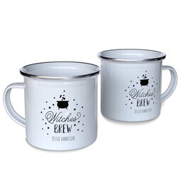 Personalized Enamel Campfire Mugs with Halloween Brew design