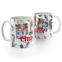 White Photo Mug, 11oz with Evergreen Christmas design