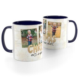 Blue Handle Photo Mug, 11oz with Golden Christmas Snowflakes design