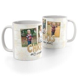 White Photo Mug, 11oz with Golden Christmas Snowflakes design