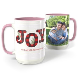Pink Photo Mug, 15oz with Plaid Joy design