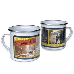 Personalized Enamel Campfire Mugs with Adventures design