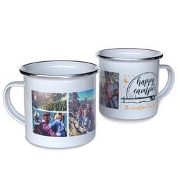 Personalized Enamel Campfire Mugs with Happy Camper Stars design