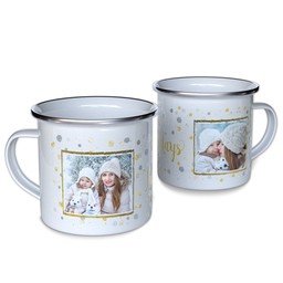Personalized Enamel Campfire Mugs with Happy Holidays design