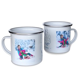 Personalized Enamel Campfire Mugs with Let It Snow design