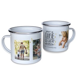 Personalized Enamel Campfire Mugs with Life Adventure design