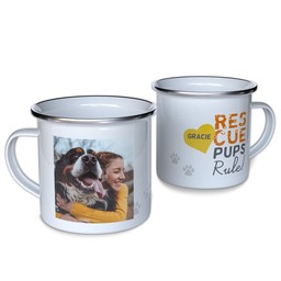 Personalized Enamel Campfire Mugs with Rescue Pups design