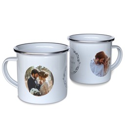 Personalized Enamel Campfire Mugs with Simple Wreath design