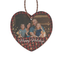 Bamboo Ornament - Heart with Happy Holidays Plaid design