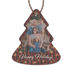 Bamboo Ornament - Tree with Happy Holidays Plaid design