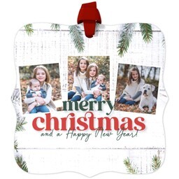 Personalized Metal Ornament - Fancy Bracket with Evergreen Christmas design