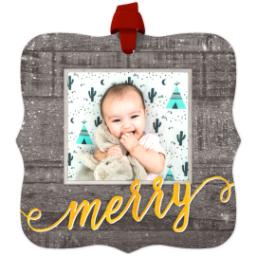 Thumbnail for Personalized Metal Ornament - Fancy Bracket with Merry Wood design 1