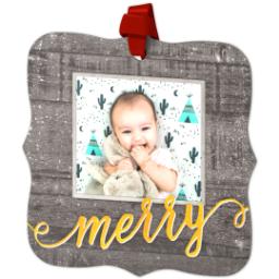 Thumbnail for Personalized Metal Ornament - Fancy Bracket with Merry Wood design 2
