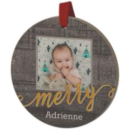 Thumbnail for Wood Photo Ornament - Round with Merry Wood design 2