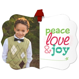 Personalized Metal Ornament - Scalloped with Peace, Love & Joy design