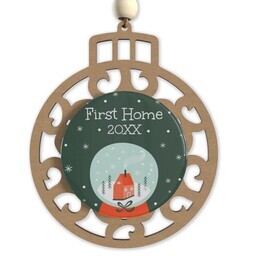 Beaded Wood & Acrylic Ornament with First Home Snow Globe design