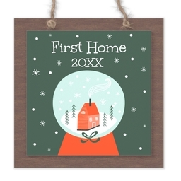 Wood & Acrylic Square Ornament with First Home Snow Globe design