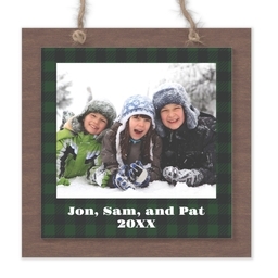 Wood & Acrylic Square Ornament with Green Plaid Frame design