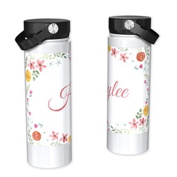 Stainless Steel Water Bottle - White with Flower Frame design