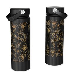 Stainless Steel Water Bottle - Black with Gilded Foliage Monogram design