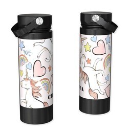 Stainless Steel Water Bottle - Black with Rainbow Unicorn design