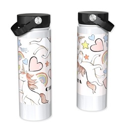 Stainless Steel Water Bottle - White with Rainbow Unicorn design